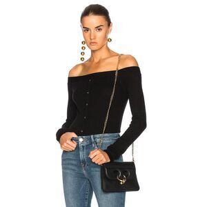 FRAME Denim Off The Shoulder Long Sleeve Fitted Cardigan Sweater - Black S